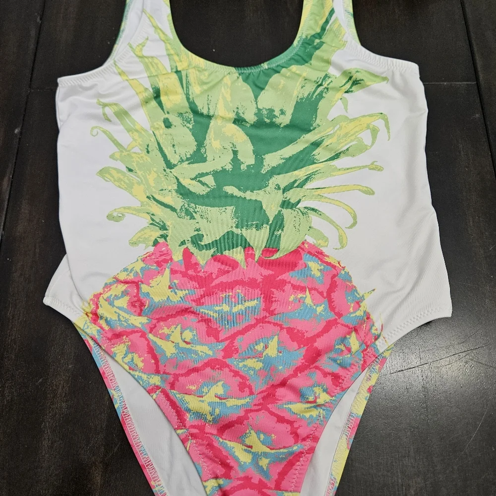 Chubbies Women’s One Piece Swimsuit Pink Pineapple Print Size small NWOT - Picture 3 of 7